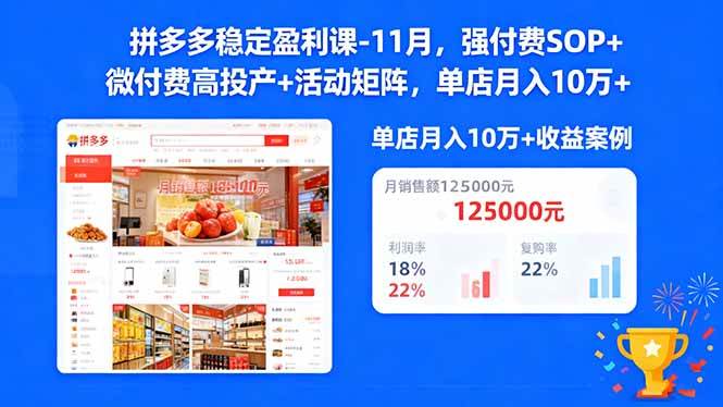 拼多多稳定盈利课-11月,强付费SOP+微付费高投产+活动矩阵,单店月入10万+-资源基地