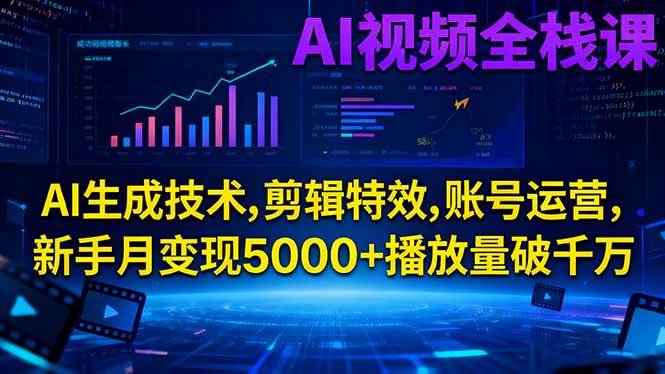 AI视频全栈课:AI生成技术,剪辑特效,账号运营,新手月变现5000+播放量破千万-资源基地