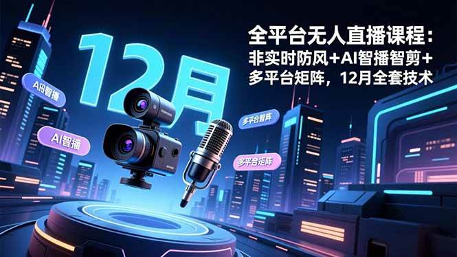 全平台无人直播课程：非实时防风＋AI智播智剪＋多平台矩阵，12月全套技术-资源基地