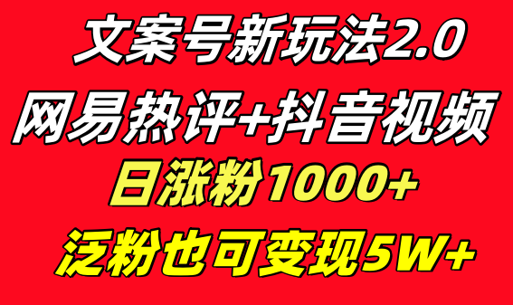 文案号新玩法 网易热评+抖音文案 一天涨粉1000+ 多种变现模式 泛粉也可变现-资源基地