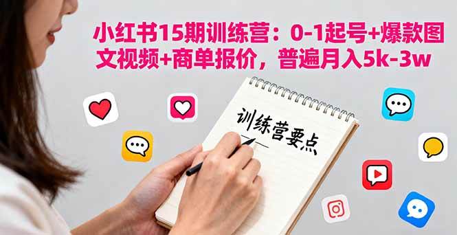 小红书15期训练营：0-1起号+爆款图文视频+商单报价，普遍月入5k-3w-资源基地