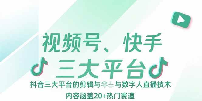 视频号、快手、抖音三大平台的剪辑与数字人直播技术,内容涵盖20+热门赛道-资源基地