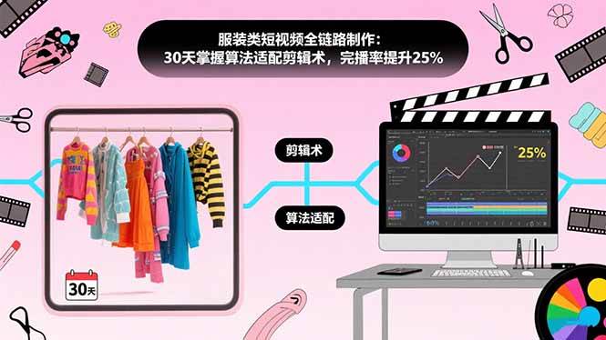服装类短视频全链路制作:30天掌握算法适配剪辑术,完播率提升25%-资源基地