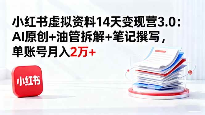 小红书虚拟资料14天变现营3.0：AI原创+油管拆解+笔记撰写，单账号月入2万+-资源基地