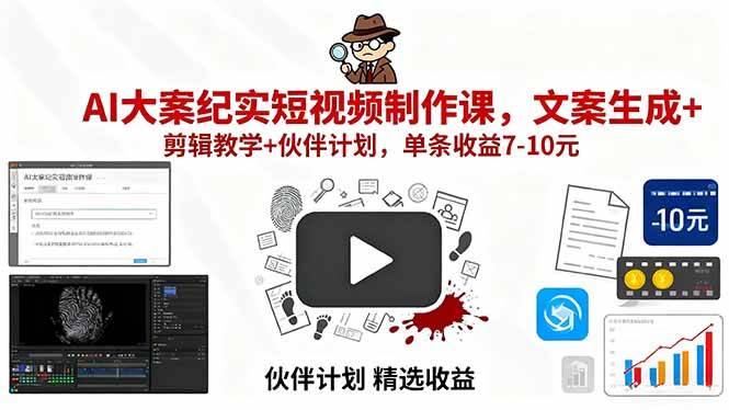 AI大案纪实短视频制作课，文案生成+剪辑教学+伙伴计划，单条收益7-10元-资源基地