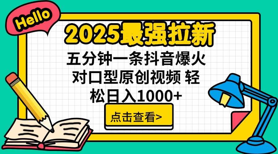 2025最强拉新,单用户下载5块佣金,5分钟一条抖音爆火原创对口型视频,…-资源基地
