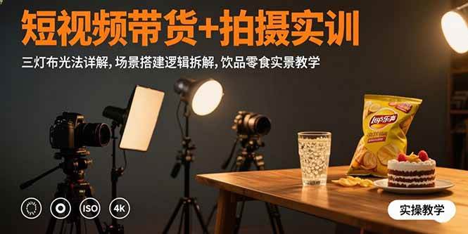 短视频带货+拍摄实训:三灯布光法详解,场景搭建逻辑拆解,饮品零食实景教学-资源基地