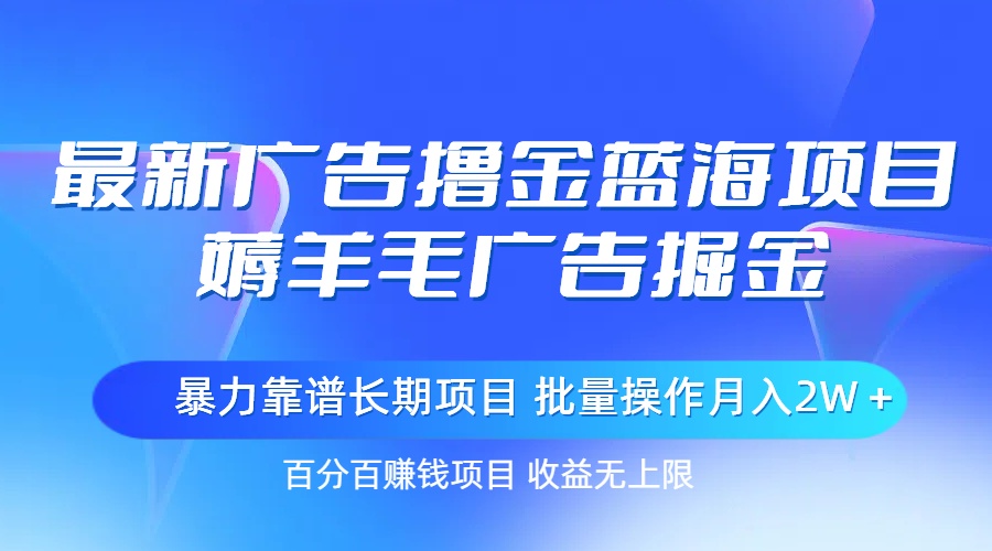 最新广告撸金蓝海项目，薅羊毛广告掘金 长期项目 批量操作月入2W＋-资源基地