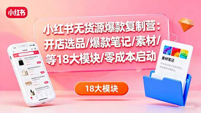 小红书无货源爆款复制营：开店选品/爆款笔记/素材/等18大模块/零成本启动-资源基地