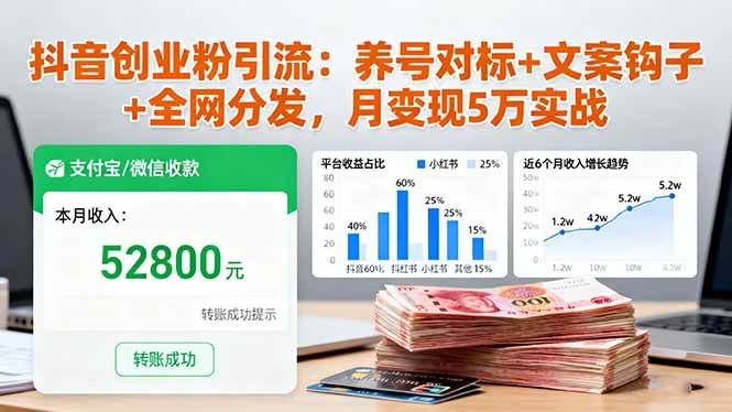 抖音创业粉引流:养号对标+文案钩子+全网分发,月变现5万实战-资源基地