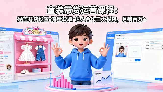 童装带货运营课程:涵盖开店设置-流量获取-达人合作三大模块,月销百万+-资源基地