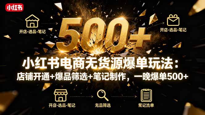 小红书电商无货源爆单玩法：店铺开通+爆品筛选+笔记制作，一晚爆单500+-资源基地